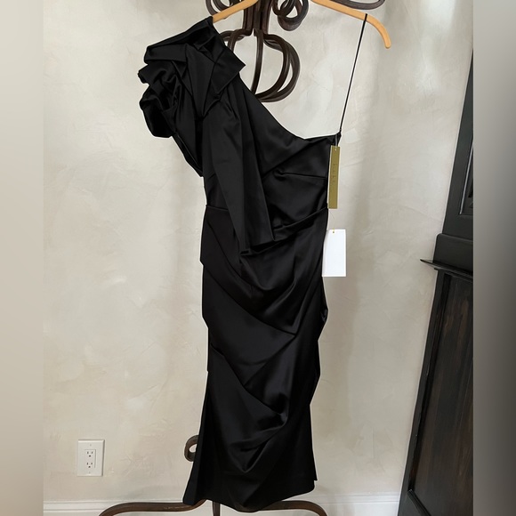 Nicole Miller One Shoulder Elegant Black Sheath Midi Cocktail Evening Dress NWT - Picture 4 of 13